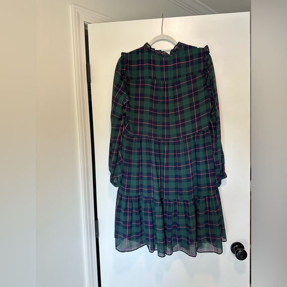 J. Crew Tie Neck Tiered Dress Black Watch Tartan Plaid, size Medium NWOT - Picture 9 of 11